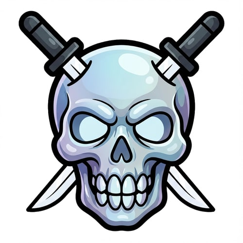 AI Design for make the skull slightly more cartoonish and less realistic do not alter the appearance of the katanas also give the skull a thick black outline also make make the coloring cooler and the skull more cartoonish not just one solid color

The attached image represents the overall artistic style and aesthetic. Use it as a reference for visual consistency and design language. Do not replicate these images directly, but capture the general artistic direction and style.

General color scheme includes: #c82828, #f03c50, #505050, #dcdcdc, #8c143c

And follow these custom instructions: Create icons with a bold, modern cartoon-vector aesthetic. Use thick, clean outlines (preferably dark or black) to define shapes and provide strong contrast against vibrant fills. Maintain smooth, rounded corners and soft geometric forms—favor simplified silhouettes over intricate details.

Use a vivid, saturated color palette with high contrast between foreground and background elements. Incorporate subtle gradients and light reflections to add depth without overwhelming clarity.