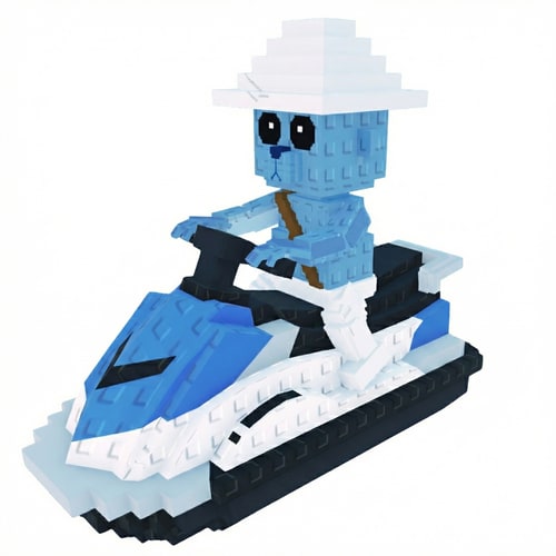 AI Design for replace this blue character with this character on the jetski, make him face the right, keep the art style DO NOT CHANGE ANYTHING ELSE