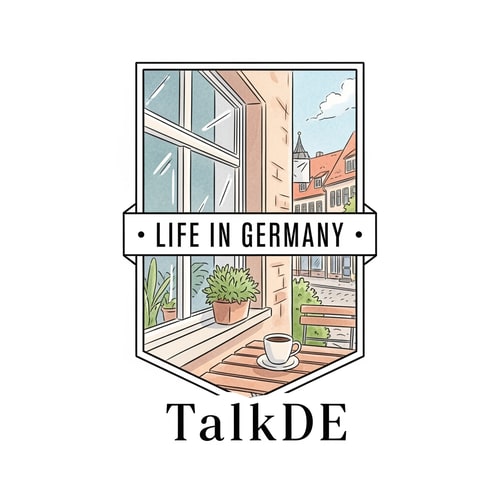 AI Design for different type of emblem-style logo for a vlog channel. The logo includes the text "Life in Germany". The illustration shows a peaceful German street scene with a small Korean flag heart and a coffee mug. Soft watercolor texture, pastel tones, hand-drawn feel. It should evoke a sense of "quietly meaningful" daily life. the channel name is TalkDE without korean flag and more attractive like 100million youtuber style