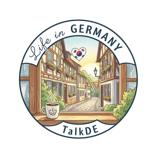 AI Design for A warm and cozy emblem-style logo for a vlog channel. The logo includes the text "Life in Germany". The illustration shows a peaceful German street scene with a small Korean flag heart and a coffee mug. Soft watercolor texture, pastel tones, hand-drawn feel. It should evoke a sense of "quietly meaningful" daily life. the channel name is TalkDE