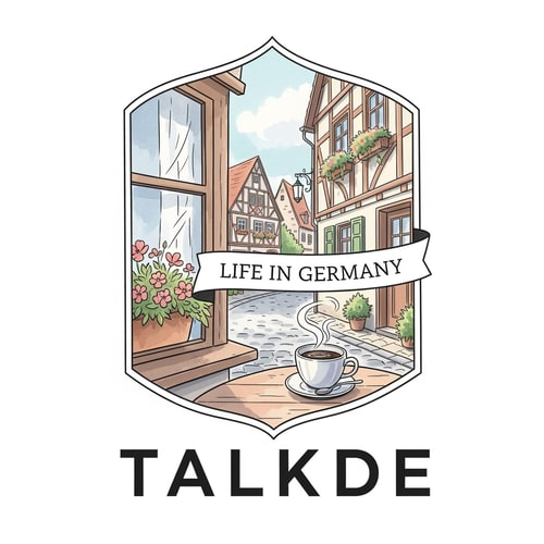AI Design for different type of emblem-style logo for a vlog channel. The logo includes the text "Life in Germany". The illustration shows a peaceful German street scene with a small Korean flag heart and a coffee mug. Soft watercolor texture, pastel tones, hand-drawn feel. It should evoke a sense of "quietly meaningful" daily life. the channel name is TalkDE without korean flag and more attractive like 100million youtuber style