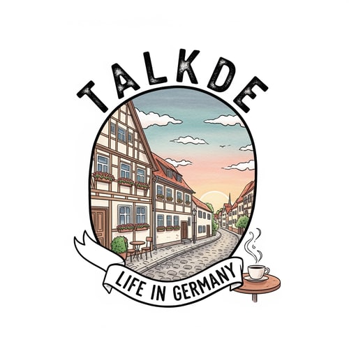 AI Design for different type of emblem-style logo for a vlog channel. The logo includes the text "Life in Germany". The illustration shows a peaceful German street scene with a small Korean flag heart and a coffee mug. Soft watercolor texture, pastel tones, hand-drawn feel. It should evoke a sense of "quietly meaningful" daily life. the channel name is TalkDE without korean flag and more attractive like 100million youtuber style