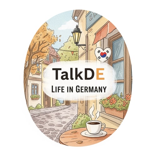 AI Design for A warm and cozy emblem-style logo for a vlog channel. The logo includes the text "Life in Germany". The illustration shows a peaceful German street scene with a small Korean flag heart and a coffee mug. Soft watercolor texture, pastel tones, hand-drawn feel. It should evoke a sense of "quietly meaningful" daily life. the channel name is TalkDE