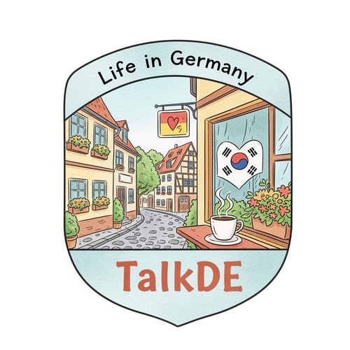AI Design for A warm and cozy emblem-style logo for a vlog channel. The logo includes the text "Life in Germany". The illustration shows a peaceful German street scene with a small Korean flag heart and a coffee mug. Soft watercolor texture, pastel tones, hand-drawn feel. It should evoke a sense of "quietly meaningful" daily life. the channel name is TalkDE