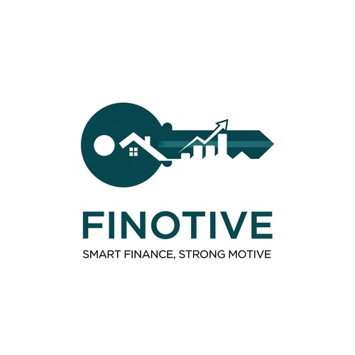 AI Design for A clever negative space logo for "Finotive". The main shape is a professional "Key" (symbolizing solutions and access to loans). Inside the "teeth" of the key, there are three bars of a growth chart (symbolizing auditing and startup scaling). The handle of the key looks like a house silhouette (mortgages). Sophisticated and simple. Colors: Deep Teal and White. Text: "Finotive" in a strong modern font, tagline "Smart Finance, Strong Motive" below. Flat design, iconic.