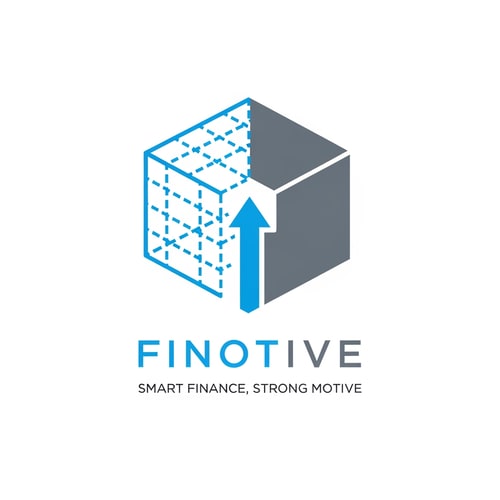 AI Design for A minimalist logo for "Finotive". The icon is a stylized geometric cube where the left side is a dotted "blueprint" line (representing startup planning and auditing) and the right side is a solid, bold structure (representing loans and established business solutions). The two sides are joined by a central upward arrow. Clean, professional sans-serif typography with the tagline "Smart Finance, Strong Motive" underneath. Colors: Electric Blue and Slate Grey. Flat vector, white background.