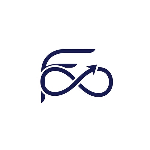 AI Design for Modern minimalist logo, abstract letter F combined with infinity symbol, smooth continuous line design, subtle upward arrow forming part of infinity curve, no extra icons, flat navy blue color, clean vector, white background, financial consulting firm logo, premium branding, geometric balance, negative space, simple and timeless design, scalable logo mark
