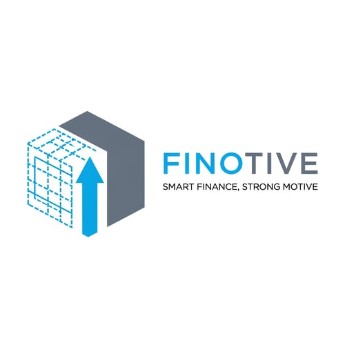 AI Design for A minimalist logo for "Finotive". The icon is a stylized geometric cube where the left side is a dotted "blueprint" line (representing startup planning and auditing) and the right side is a solid, bold structure (representing loans and established business solutions). The two sides are joined by a central upward arrow. Clean, professional sans-serif typography with the tagline "Smart Finance, Strong Motive" underneath. Colors: Electric Blue and Slate Grey. Flat vector, white background.