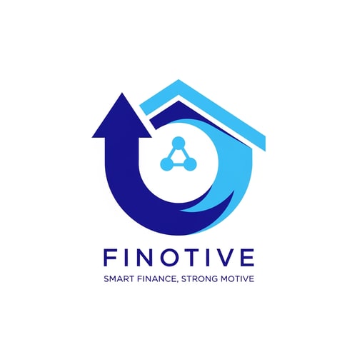 AI Design for An iconic logo for "Finotive" featuring the tagline "Smart Finance, Strong Motive". The icon is an Infinity Loop designed with a mechanical/architectural precision. One side of the loop is a thick Upward Arrow (Startup/Struggling business help), and the other side is a Roof/Lintel shape (Lending/Mortgages). The center of the loop features three small dots/nodes (representing data/accounts). Colors: Two-tone Blue (Cobalt and Sky Blue). Minimalist, bold, no gradients, white background.