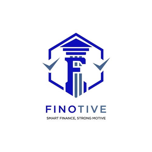AI Design for An iconic logo for "Finotive" with the tagline "Smart Finance, Strong Motive". The icon is a letter "F" enclosed within a minimalist Shield or Hexagon frame. The spine of the "F" is a solid Pillar (Banking/Lending), while the horizontal arms are styled as sharp, clean Checkmarks (Auditing/Accuracy). Colors: Royal Blue and Slate Blue. 2D vector, premium corporate aesthetic, white background.
