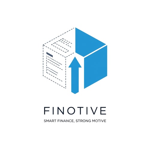 AI Design for A minimalist logo for "Finotive". The icon is a stylized geometric cube where the left side is a dotted "blueprint" line (representing startup planning and auditing) and the right side is a solid, bold structure (representing loans and established business solutions). The two sides are joined by a central upward arrow. Clean, professional sans-serif typography with the tagline "Smart Finance, Strong Motive" underneath. Colors: Electric Blue and Slate Grey. Flat vector, white background.
