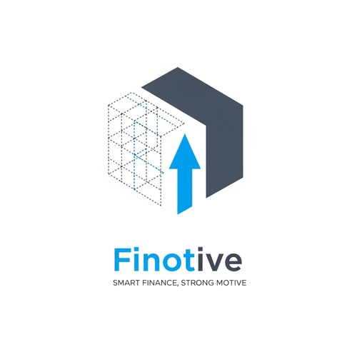 AI Design for A minimalist logo for "Finotive". The icon is a stylized geometric cube where the left side is a dotted "blueprint" line (representing startup planning and auditing) and the right side is a solid, bold structure (representing loans and established business solutions). The two sides are joined by a central upward arrow. Clean, professional sans-serif typography with the tagline "Smart Finance, Strong Motive" underneath. Colors: Electric Blue and Slate Grey. Flat vector, white background.
