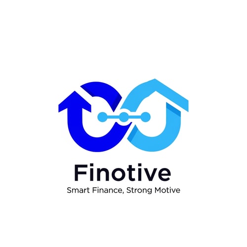 AI Design for An iconic logo for "Finotive" featuring the tagline "Smart Finance, Strong Motive". The icon is an Infinity Loop designed with a mechanical/architectural precision. One side of the loop is a thick Upward Arrow (Startup/Struggling business help), and the other side is a Roof/Lintel shape (Lending/Mortgages). The center of the loop features three small dots/nodes (representing data/accounts). Colors: Two-tone Blue (Cobalt and Sky Blue). Minimalist, bold, no gradients, white background.