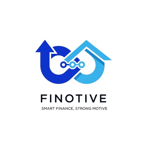 AI Design for An iconic logo for "Finotive" featuring the tagline "Smart Finance, Strong Motive". The icon is an Infinity Loop designed with a mechanical/architectural precision. One side of the loop is a thick Upward Arrow (Startup/Struggling business help), and the other side is a Roof/Lintel shape (Lending/Mortgages). The center of the loop features three small dots/nodes (representing data/accounts). Colors: Two-tone Blue (Cobalt and Sky Blue). Minimalist, bold, no gradients, white background.