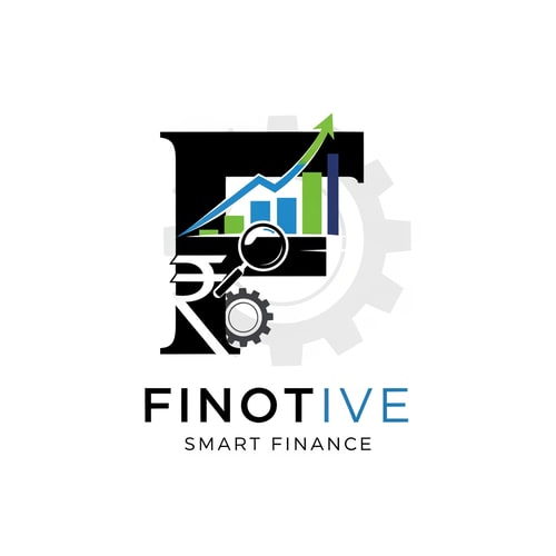 AI Design for design a logo for Finotive - smart finance. strong Moptive where letter F, rupee symbol, rising bar graphs, upward arrow, magnifying glass and gear must be there
