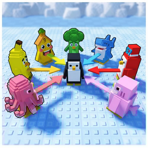 AI Design for A detailed reproduction of the source image's primary subject matter, now featuring the designated character references replacing all original penguins exactly 1:1 — The composition and framing are retained exactly as depicted in the source material, The precise original color palette and tonal range are mandatory, The identical lighting conditions and overall mood from the source image are required, The style and medium must perfectly replicate the source image quality, Ensure all penguins are replaced by the provided characters 1:1; DO NOT change the environment, composition, color, or style whatsoever, The background setting and environment must be retained from the source image.