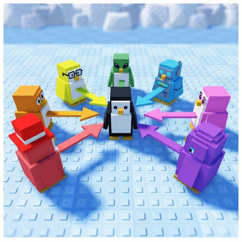 AI Design for A detailed reproduction of the source image's primary subject matter, now featuring the designated character references replacing all original penguins exactly 1:1 — The composition and framing are retained exactly as depicted in the source material, The precise original color palette and tonal range are mandatory, The identical lighting conditions and overall mood from the source image are required, The style and medium must perfectly replicate the source image quality, Ensure all penguins are replaced by the provided characters 1:1; DO NOT change the environment, composition, color, or style whatsoever, The background setting and environment must be retained from the source image.