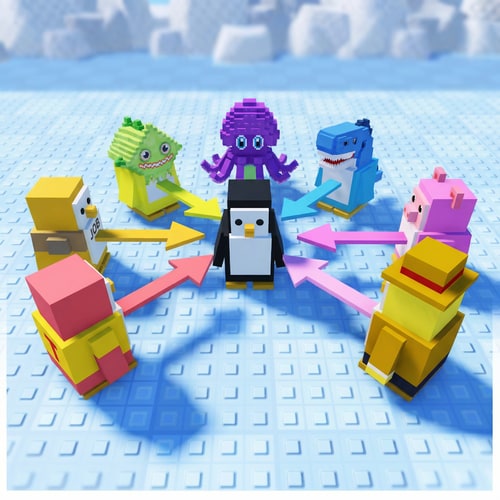 AI Design for A detailed reproduction of the source image's primary subject matter, now featuring the designated character references replacing all original penguins exactly 1:1 — The composition and framing are retained exactly as depicted in the source material, The precise original color palette and tonal range are mandatory, The identical lighting conditions and overall mood from the source image are required, The style and medium must perfectly replicate the source image quality, Ensure all penguins are replaced by the provided characters 1:1; DO NOT change the environment, composition, color, or style whatsoever, The background setting and environment must be retained from the source image.