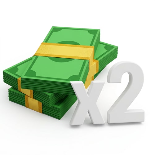 AI Design for replace this cash bills texture with this one: keep the same exact structure and size of the cash pile just alter the bills appearances, additionally, change the "x2" to just white with no texture
