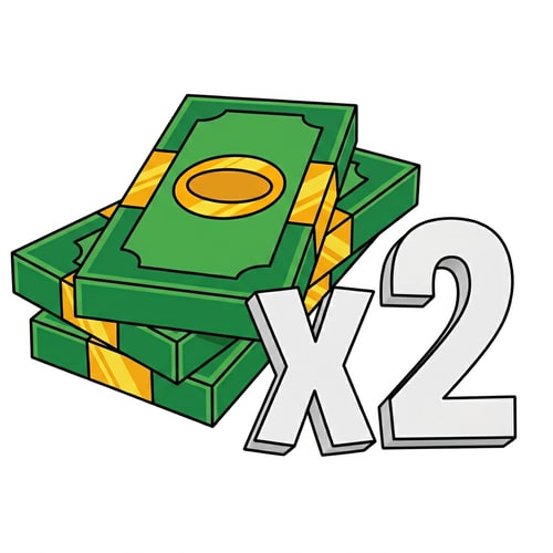 AI Design for replace this cash bills texture with this one: keep the same exact structure and size of the cash pile just alter the bills appearances, additionally, change the "x2" to just white with no texture