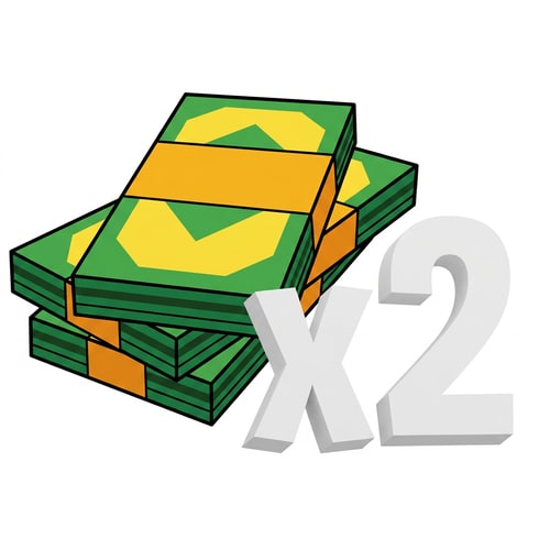 AI Design for replace this cash bills texture with this one: keep the same exact structure and size of the cash pile just alter the bills appearances, additionally, change the "x2" to just white with no texture