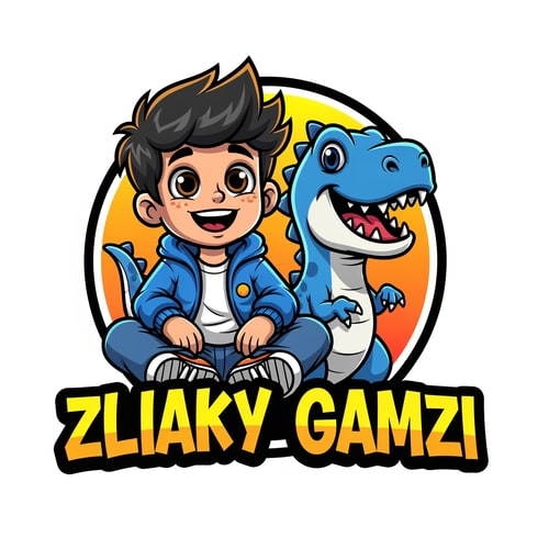 AI Design for A cute cartoon-style logo illustration of a happy young boy with big expressive brown eyes and messy black hair, smiling cheerfully. The boy is sitting in a relaxed pose, wearing a blue jacket, white t-shirt, blue jeans, and sneakers. Beside him is a friendly blue dinosaur with sharp teeth but a playful, non-scary expression. Both characters look fun and kid-friendly.
The background is a clean circular orange and yellow gradient badge. At the bottom, bold graffiti-style text reads “ZLIAKY GAMZI” in bright yellow and orange colors with a thick black outline.
Digital vector art, mascot logo design, vibrant colors, smooth shading, thick outlines, high quality, kid-friendly YouTube gaming channel logo, modern cartoon illustration, white background.