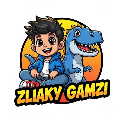 AI Design for A cute cartoon-style logo illustration of a happy young boy with big expressive brown eyes and messy black hair, smiling cheerfully. The boy is sitting in a relaxed pose, wearing a blue jacket, white t-shirt, blue jeans, and sneakers. Beside him is a friendly blue dinosaur with sharp teeth but a playful, non-scary expression. Both characters look fun and kid-friendly.
The background is a clean circular orange and yellow gradient badge. At the bottom, bold graffiti-style text reads “ZLIAKY GAMZI” in bright yellow and orange colors with a thick black outline.
Digital vector art, mascot logo design, vibrant colors, smooth shading, thick outlines, high quality, kid-friendly YouTube gaming channel logo, modern cartoon illustration, white background.