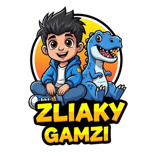 AI Design for A cute cartoon-style logo illustration of a happy young boy with big expressive brown eyes and messy black hair, smiling cheerfully. The boy is sitting in a relaxed pose, wearing a blue jacket, white t-shirt, blue jeans, and sneakers. Beside him is a friendly blue dinosaur with sharp teeth but a playful, non-scary expression. Both characters look fun and kid-friendly.
The background is a clean circular orange and yellow gradient badge. At the bottom, bold graffiti-style text reads “ZLIAKY GAMZI” in bright yellow and orange colors with a thick black outline.
Digital vector art, mascot logo design, vibrant colors, smooth shading, thick outlines, high quality, kid-friendly YouTube gaming channel logo, modern cartoon illustration, white background.