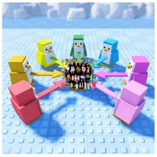 AI Design for replace ALL penguins with these characters, DO NOT CHANGE ANYTHING ELSE