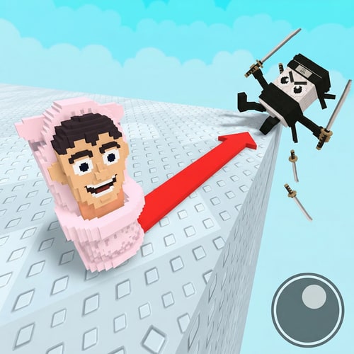 AI Design for make the ninja guy look like hes falling off the platform instead of just floating off the platform also increase quality of the image DO NOT CHANGE ANYTHING ELSE do not change the direction of the arrow, the visuals of the arena, simply make the guy on the end look like hes falling off, also do not change the lighting whatsoever, its a simple change that should be introduced heres what the ninja guy looks like