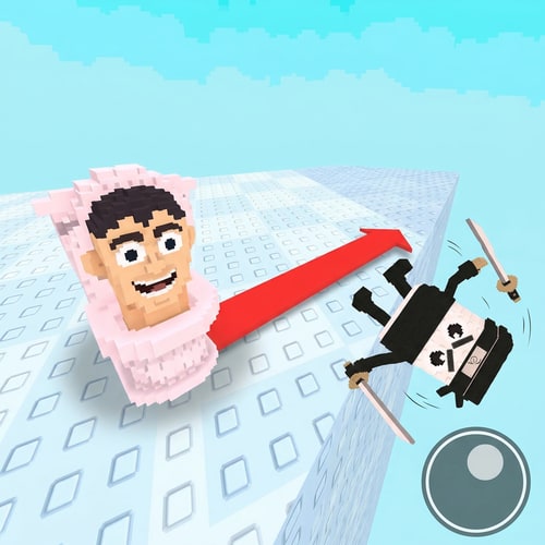 AI Design for make the ninja guy look like hes falling off the platform instead of just floating off the platform also increase quality of the image DO NOT CHANGE ANYTHING ELSE do not change the direction of the arrow, the visuals of the arena, simply make the guy on the end look like hes falling off, also do not change the lighting whatsoever, its a simple change that should be introduced heres what the ninja guy looks like