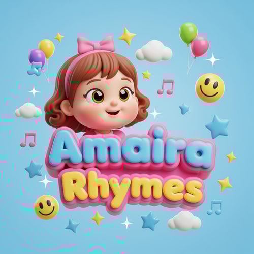 AI Design for Create a cute, colorful 3D logo for a kids rhymes channel named “Amaira Rhymes”.
Add one cute little girl cartoon character with big shiny eyes, sweet smile, chubby cheeks, and playful expressions.
The girl should look happy, innocent and joyful, suitable for toddlers and preschool kids.
Use bright vibrant colors like pink, yellow, sky blue, purple and green.
The text “Amaira Rhymes” should be in soft, rounded, bubbly 3D font, very child-friendly.
Add fun elements like smileys, stars, music notes, balloons, clouds and sparkles around the logo.
Style should be Pixar / Disney inspired 3D cartoon, glossy finish, soft lighting, high quality kids brand logo.
Clean background, attractive and eye-catching for YouTube kids channel.