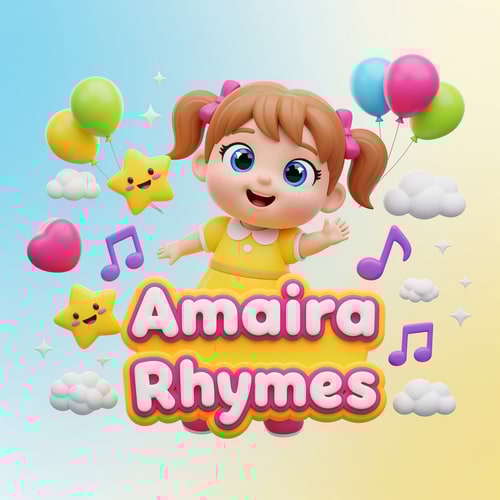 AI Design for Create a cute, colorful 3D logo for a kids rhymes channel named “Amaira Rhymes”.
Add one cute little girl cartoon character with big shiny eyes, sweet smile, chubby cheeks, and playful expressions.
The girl should look happy, innocent and joyful, suitable for toddlers and preschool kids.
Use bright vibrant colors like pink, yellow, sky blue, purple and green.
The text “Amaira Rhymes” should be in soft, rounded, bubbly 3D font, very child-friendly.
Add fun elements like smileys, stars, music notes, balloons, clouds and sparkles around the logo.
Style should be Pixar / Disney inspired 3D cartoon, glossy finish, soft lighting, high quality kids brand logo.
Clean background, attractive and eye-catching for YouTube kids channel.