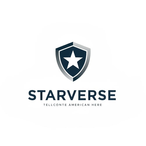 AI Design for professional telecom logo for "Starverse", minimal star icon inside modern shield shape symbolizing reliable internet service, corporate american ISP branding, flat vector logo, dark blue and silver color palette