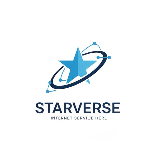 AI Design for clean corporate logo for "Starverse", minimal star symbol with digital orbit ring and small connection dots, representing global internet coverage, modern ISP branding, flat vector logo, blue and white professional color scheme