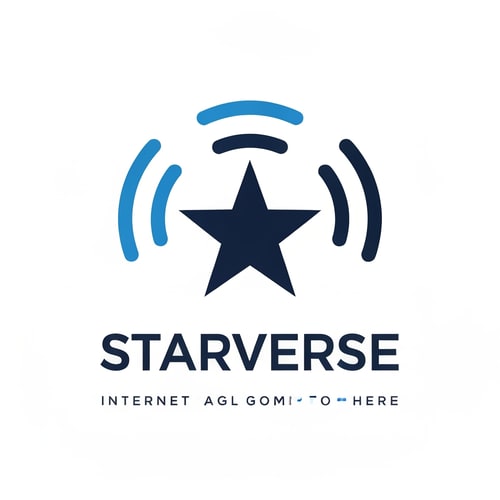 AI Design for minimal star icon emitting broadcast signal beams, logo for Starverse internet provider, modern telecom branding similar to US ISP companies, flat vector design, corporate look, blue and dark navy color scheme