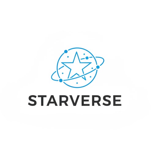 AI Design for clean corporate logo for "Starverse", minimal star symbol with digital orbit ring and small connection dots, representing global internet coverage, modern ISP branding, flat vector logo, blue and white professional color scheme