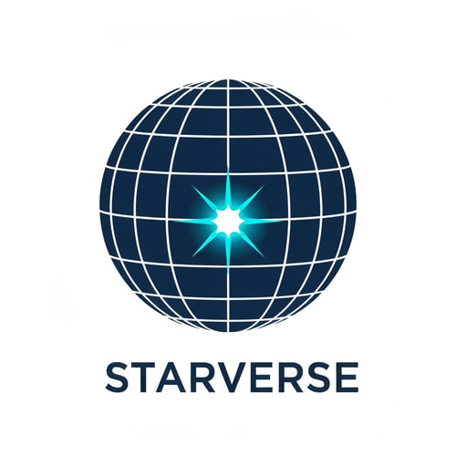 AI Design for technology logo for "Starverse", minimal globe grid with a bright star node representing global internet connection, modern ISP corporate branding, flat vector logo, navy blue and cyan colors