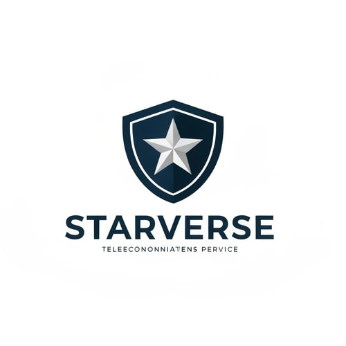 AI Design for professional telecom logo for "Starverse", minimal star icon inside modern shield shape symbolizing reliable internet service, corporate american ISP branding, flat vector logo, dark blue and silver color palette