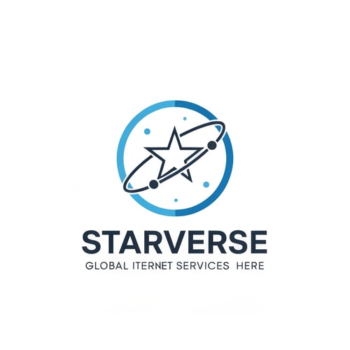 AI Design for clean corporate logo for "Starverse", minimal star symbol with digital orbit ring and small connection dots, representing global internet coverage, modern ISP branding, flat vector logo, blue and white professional color scheme