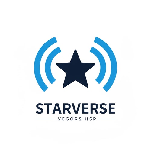 AI Design for minimal star icon emitting broadcast signal beams, logo for Starverse internet provider, modern telecom branding similar to US ISP companies, flat vector design, corporate look, blue and dark navy color scheme