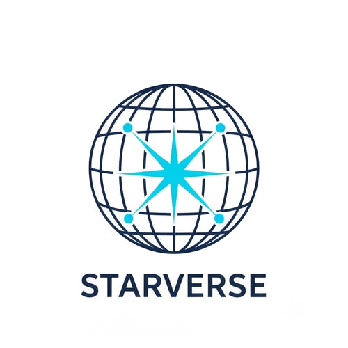 AI Design for technology logo for "Starverse", minimal globe grid with a bright star node representing global internet connection, modern ISP corporate branding, flat vector logo, navy blue and cyan colors
