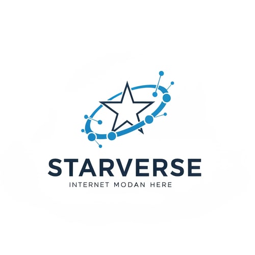 AI Design for clean corporate logo for "Starverse", minimal star symbol with digital orbit ring and small connection dots, representing global internet coverage, modern ISP branding, flat vector logo, blue and white professional color scheme