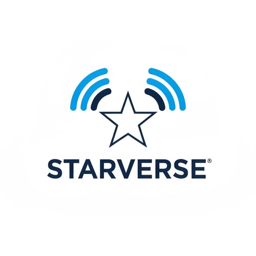 AI Design for minimal star icon emitting broadcast signal beams, logo for Starverse internet provider, modern telecom branding similar to US ISP companies, flat vector design, corporate look, blue and dark navy color scheme