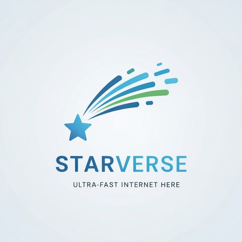 AI Design for modern ISP logo for "Starverse", shooting star icon with speed motion lines representing ultra fast internet service, simple corporate telecom branding, minimal vector design, blue gradient color scheme, clean sans serif typography