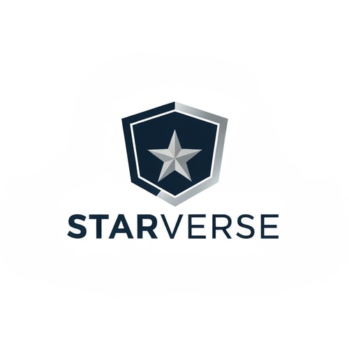 AI Design for professional telecom logo for "Starverse", minimal star icon inside modern shield shape symbolizing reliable internet service, corporate american ISP branding, flat vector logo, dark blue and silver color palette
