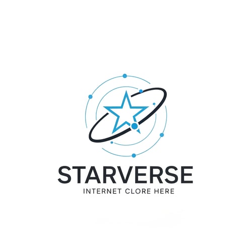 AI Design for clean corporate logo for "Starverse", minimal star symbol with digital orbit ring and small connection dots, representing global internet coverage, modern ISP branding, flat vector logo, blue and white professional color scheme