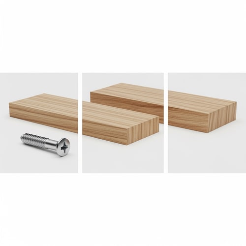 AI Design for Technical product illustration, horizontal triptych layout with three distinct panels showing a sequence (Left to Right). High-resolution, photorealistic 3D render style for a woodworking manual.
Scene Elements: Two simple, flat rectangular wooden blocks (light oak grain). One silver screw head placed on the table surface nearby for scale reference.
Panel 1 (Placement): Isometric view. A single flat wooden block rests on a white surface. A very small, distinct, 5mm circular off-white sticker with a black crosshair (+) is stuck to the center of the top face. The sticker is matte and ultra-thin.
Panel 2 (Compression): Isometric view. A second identical wooden block is pressed directly on top of the first block, creating a "sandwich." The sticker is now hidden between the two blocks. The blocks are perfectly aligned.
Panel 3 (Separation & Result): Isometric view. The top wooden block is lifted vertically and flipped over to reveal its underside. CRITICAL: There are now TWO stickers visible. One sticker remains on the bottom block, and a perfectly matching duplicate sticker is now adhered to the underside of the top block. The position of the two stickers corresponds exactly, showing they transferred a drilling coordinate.
Lighting & Style: Soft, bright studio lighting. White background. Sharp focus. Engineering precision. Negative Prompt: Text, labels, hands, tools, complex furniture, foam tape, thick tape, cartoon, illustration style, misalignment, messy, dark shadows.