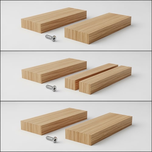 AI Design for Technical product illustration, horizontal triptych layout with three distinct panels showing a sequence (Left to Right). High-resolution, photorealistic 3D render style for a woodworking manual.
Scene Elements: Two simple, flat rectangular wooden blocks (light oak grain). One silver screw head placed on the table surface nearby for scale reference.
Panel 1 (Placement): Isometric view. A single flat wooden block rests on a white surface. A very small, distinct, 5mm circular off-white sticker with a black crosshair (+) is stuck to the center of the top face. The sticker is matte and ultra-thin.
Panel 2 (Compression): Isometric view. A second identical wooden block is pressed directly on top of the first block, creating a "sandwich." The sticker is now hidden between the two blocks. The blocks are perfectly aligned.
Panel 3 (Separation & Result): Isometric view. The top wooden block is lifted vertically and flipped over to reveal its underside. CRITICAL: There are now TWO stickers visible. One sticker remains on the bottom block, and a perfectly matching duplicate sticker is now adhered to the underside of the top block. The position of the two stickers corresponds exactly, showing they transferred a drilling coordinate.
Lighting & Style: Soft, bright studio lighting. White background. Sharp focus. Engineering precision. Negative Prompt: Text, labels, hands, tools, complex furniture, foam tape, thick tape, cartoon, illustration style, misalignment, messy, dark shadows.