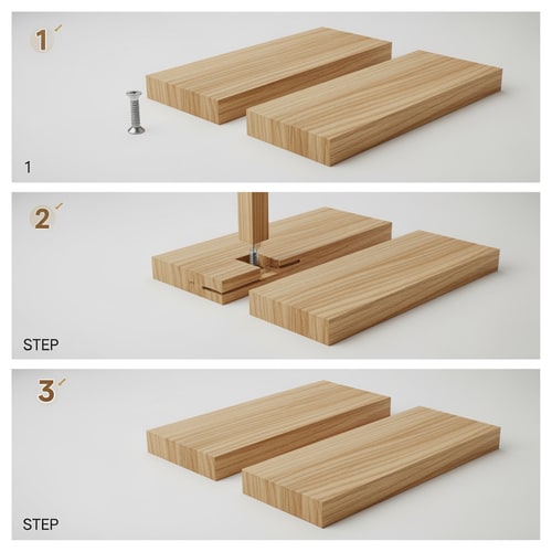 AI Design for Technical product illustration, horizontal triptych layout with three distinct panels showing a sequence (Left to Right). High-resolution, photorealistic 3D render style for a woodworking manual.
Scene Elements: Two simple, flat rectangular wooden blocks (light oak grain). One silver screw head placed on the table surface nearby for scale reference.
Panel 1 (Placement): Isometric view. A single flat wooden block rests on a white surface. A very small, distinct, 5mm circular off-white sticker with a black crosshair (+) is stuck to the center of the top face. The sticker is matte and ultra-thin.
Panel 2 (Compression): Isometric view. A second identical wooden block is pressed directly on top of the first block, creating a "sandwich." The sticker is now hidden between the two blocks. The blocks are perfectly aligned.
Panel 3 (Separation & Result): Isometric view. The top wooden block is lifted vertically and flipped over to reveal its underside. CRITICAL: There are now TWO stickers visible. One sticker remains on the bottom block, and a perfectly matching duplicate sticker is now adhered to the underside of the top block. The position of the two stickers corresponds exactly, showing they transferred a drilling coordinate.
Lighting & Style: Soft, bright studio lighting. White background. Sharp focus. Engineering precision. Negative Prompt: Text, labels, hands, tools, complex furniture, foam tape, thick tape, cartoon, illustration style, misalignment, messy, dark shadows.
